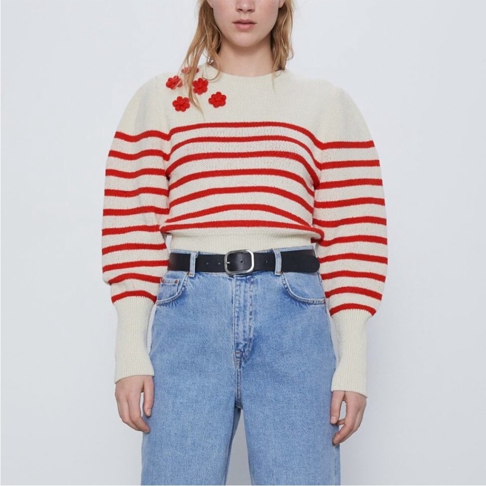 Zara Stripped Crop Sweater Floral Applique Cream Red Crew Neck Long Sleeve S
